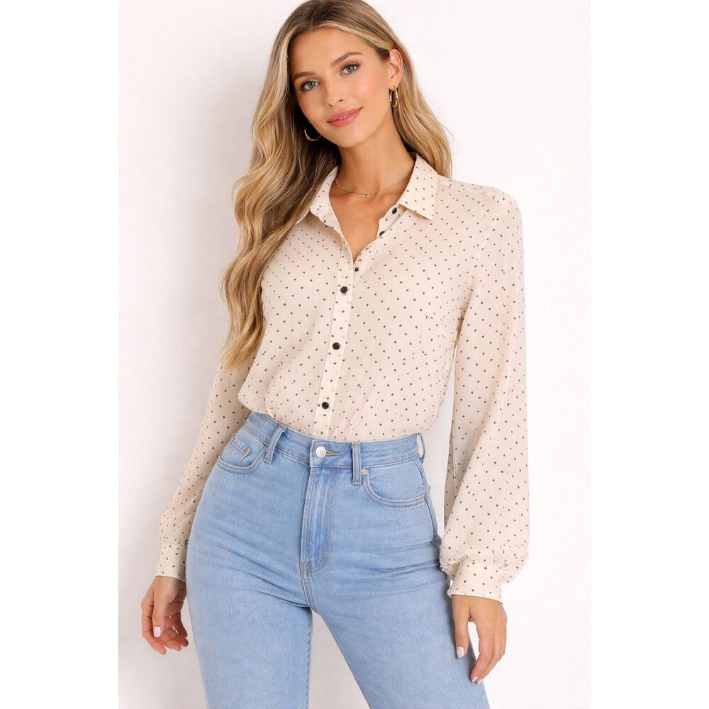 Weekend Max Mara Silk Blouse Women US 8 Cream Navy Star Print Button Down Top